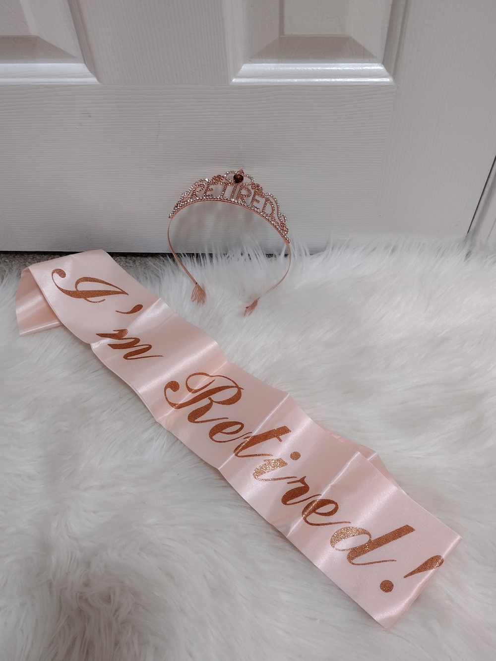 Pink Satin 'I’m Retired' Sash with Rose Gold Tiara